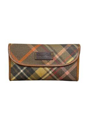 Dooney & Bourke Vintage Plaid Wallet Brown Multi Leather Canvas Snap Closure AS